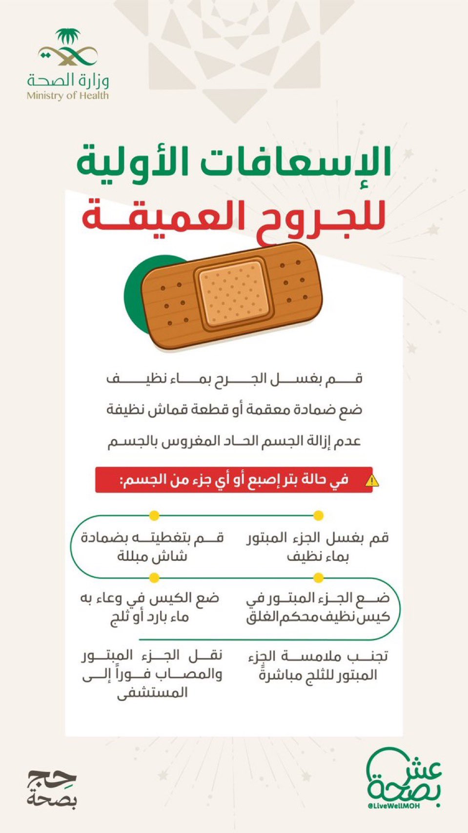 تعرضت لجرح عميق؟👀
اتبع النصائح التالية، ولا تهمل الجرح.
#حج_بصحة
#يسر_وطمأنينة