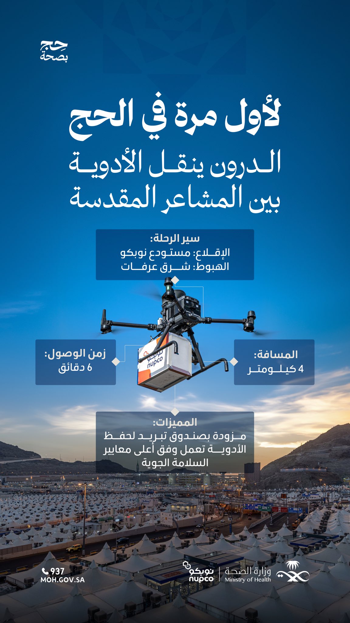 في أولى رحلاتها فوق المشاعر المقدسة 🕋
 
حلقت طائرة الدرون محملة بالرعاية، لتختصر المسافة وتُجسِّد تحولًا نوعيًا في الخدمات الصحية.
 
#حج_بصحة
#يسر_وطمأنينة