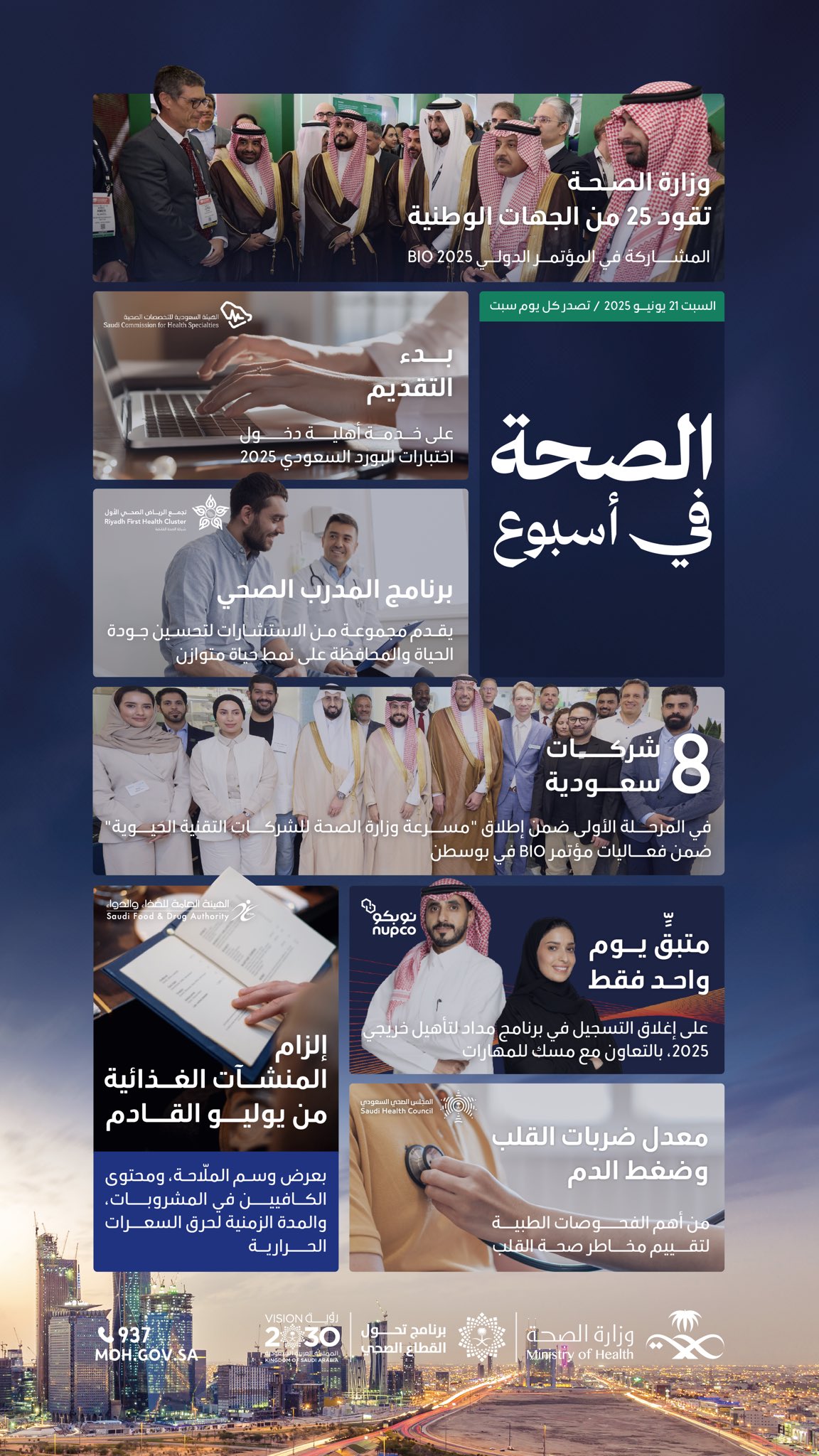 #الصحة_في_أسبوع: مشاركة 25 جهة في مؤتمر BIO 2025، وفتح التقديم على أهلية البورد السعودي، ويوم واحد فقط على انتهاء التسجيل في برنامج مِداد لتأهيل الخريجين.
