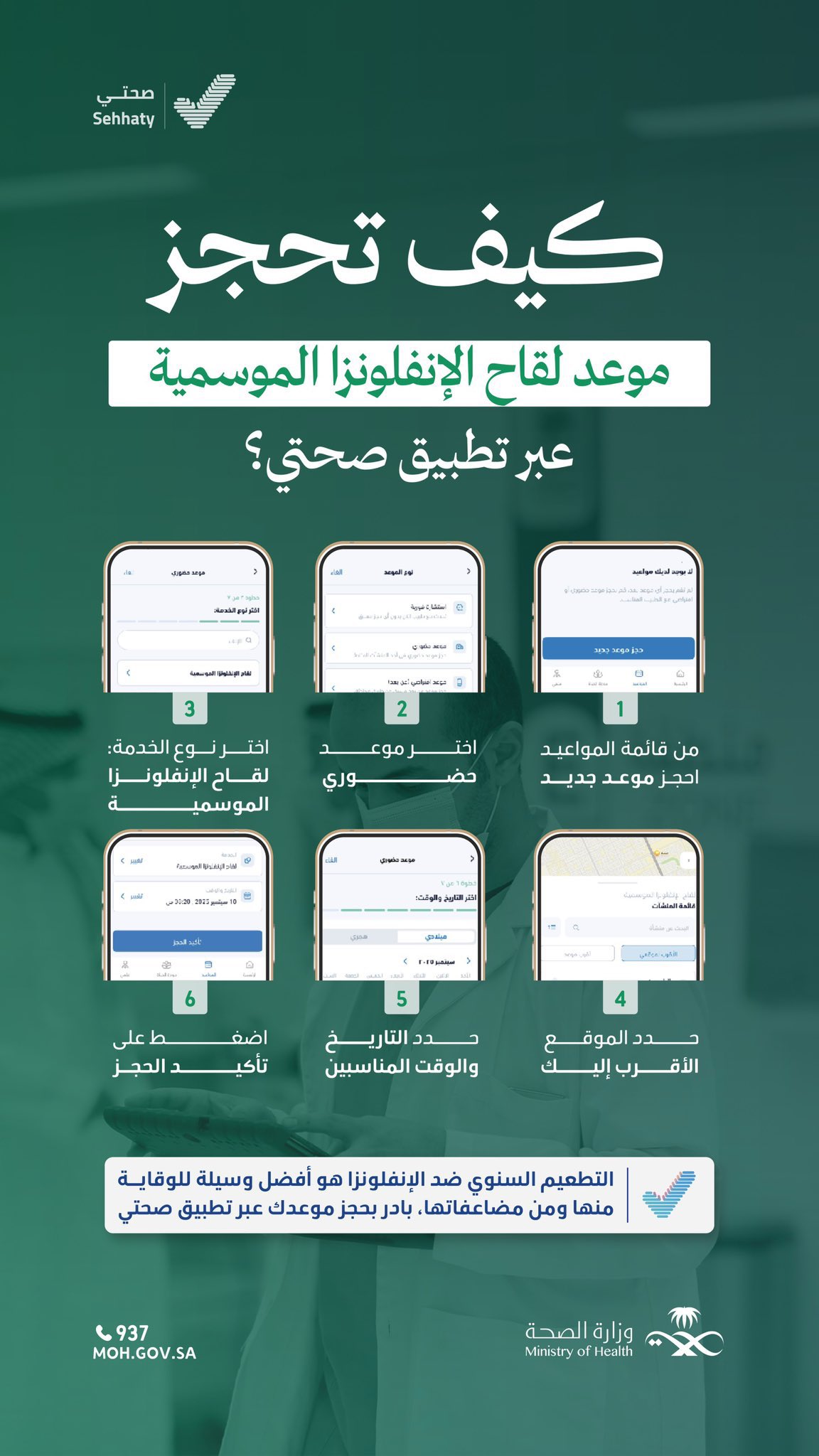 
خطوات توصلك للوقاية ✨
لقاح الإنفلونزا الموسمية أصبح متوفرًا، للوقاية من الأعراض والمضاعفات بادر بحجز موعد.
#صحة_الشرقية
