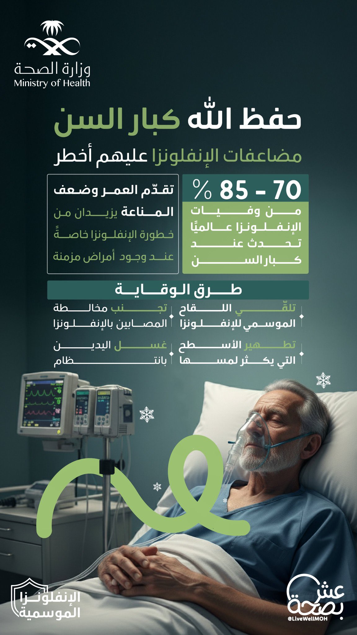 لأنهم أغلى ما نملك ❤️
و الانفلونزا الموسمية أشد خطرًا عليهم؛
احمِ والديك وأحبّتك باللقاح والوقاية.
