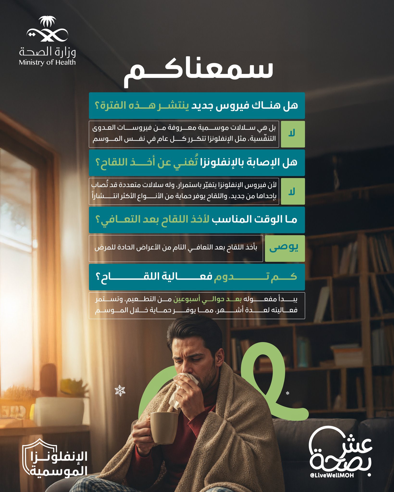 سمعناكم تسألون؟🧏🦠
أجبنا على أهم الأسئلة المتعلقة بالإنفلونزا الموسمية
