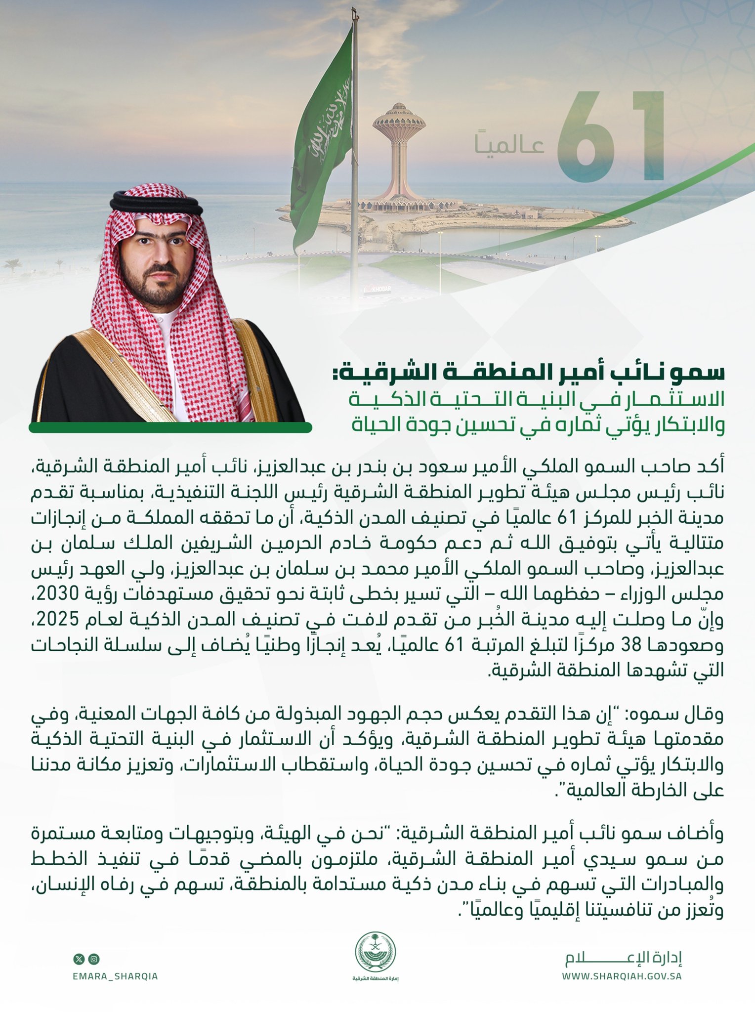 سمو #نائب_أمير_المنطقة_الشرقية :  ما وصلت إليه مدينة الخُبر من تقدم في تصنيف المدن الذكية لعام 2025، يُعد إنجازًا وطنيًا يُضاف إلى سلسلة النجاحات التي تشهدها المنطقة الشرقية .